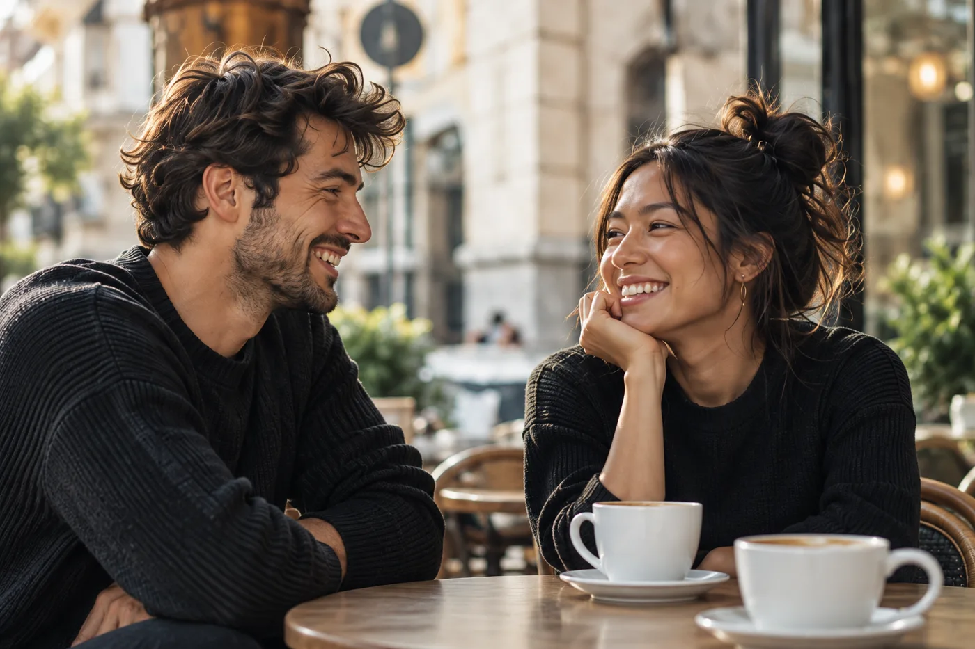 Two people laughing over coffee